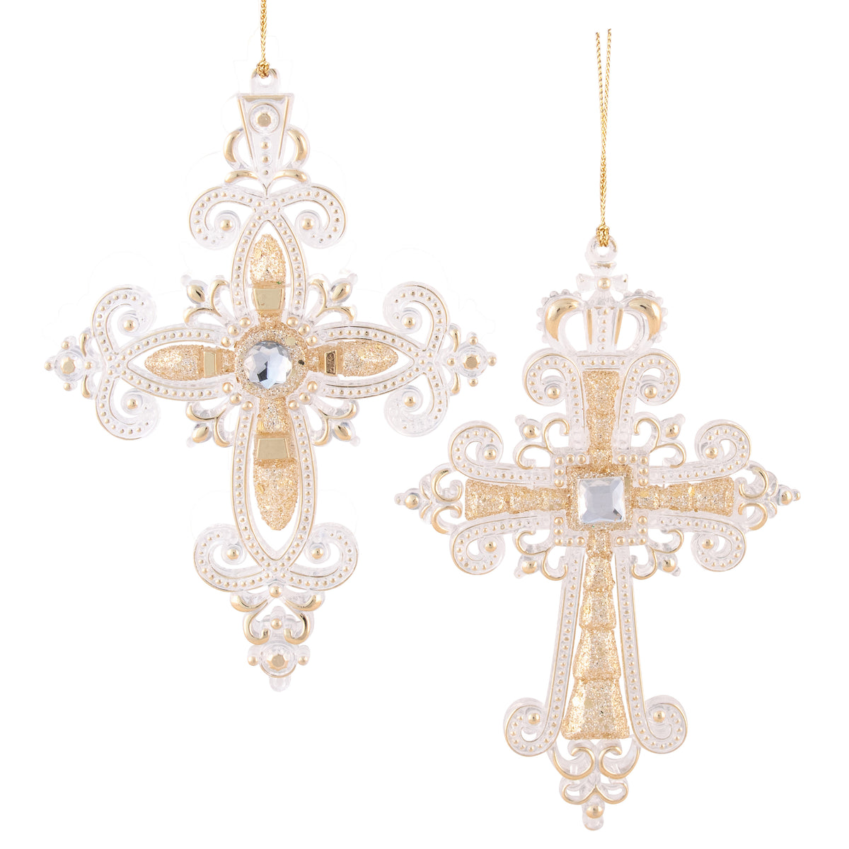 Acrylic cross Christmas tree decoration with crown topper, champagne gold glitter arms and square gem centrepiece