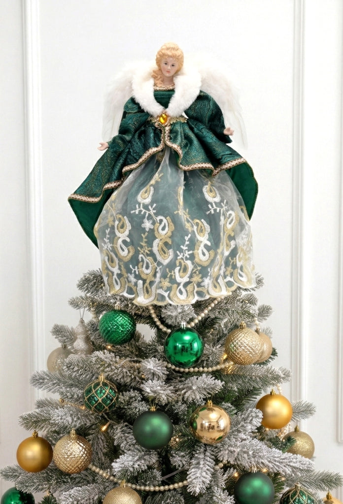 Angel tree topper in green and gold dress with embroidered lace and feathered wings