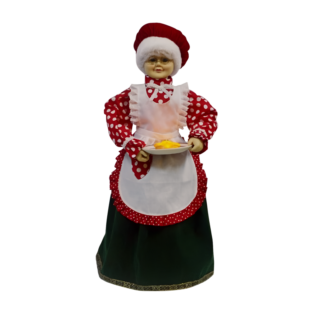 Animated Mrs Claus in red and green outfit holding a tray of baked treats