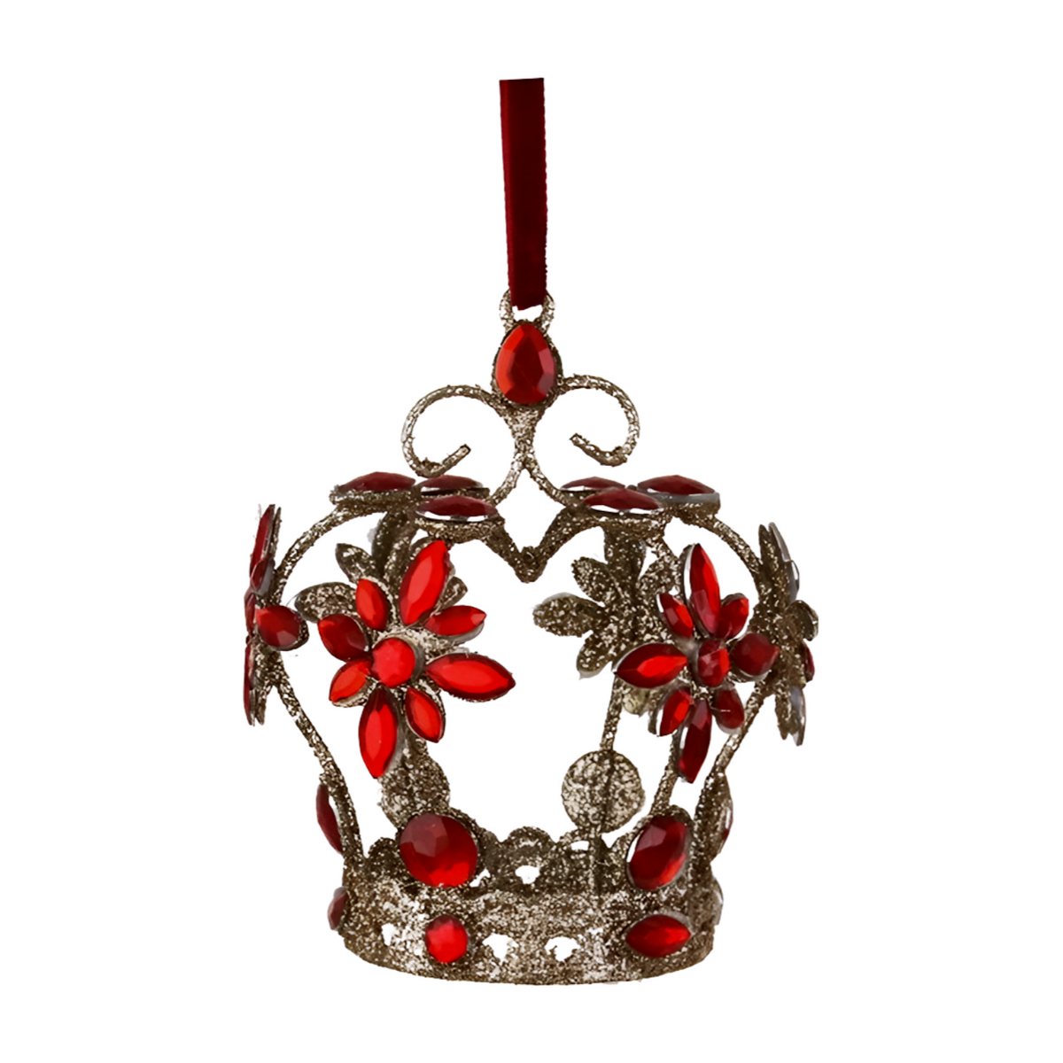 Antique gold glitter crown decoration with red gem flower clusters, teardrop jewels, and red velvet ribbon