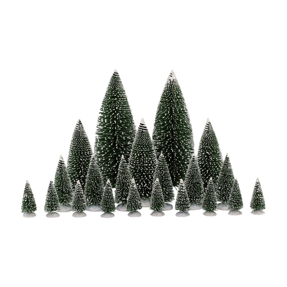 Set of 21 miniature snow-tipped green pine trees in assorted sizes on white bases for Christmas village display