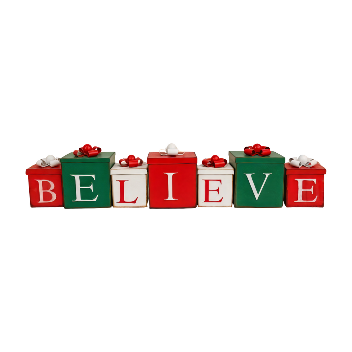 Front view metal decoration featuring red, green, and white gift boxes with bows spelling the word BELIEVE