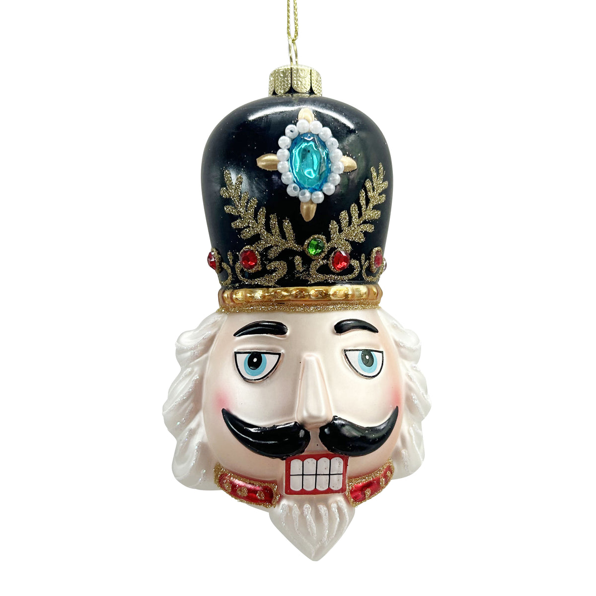 Black and gold nutcracker head glass ornament with jewelled hat, blue eyes and black moustache