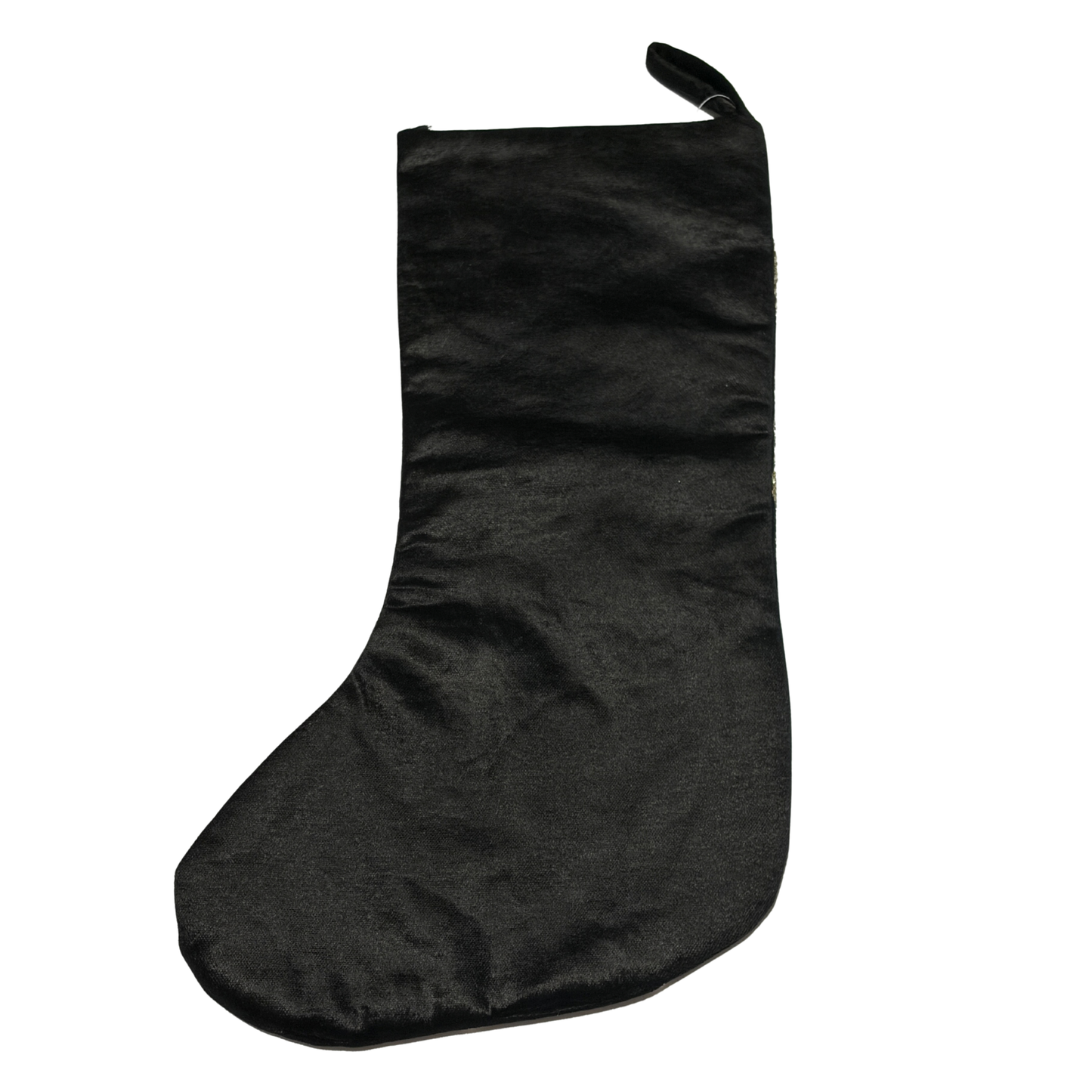 Hand-beaded black velvet Christmas stocking with gold bead and sequin designs