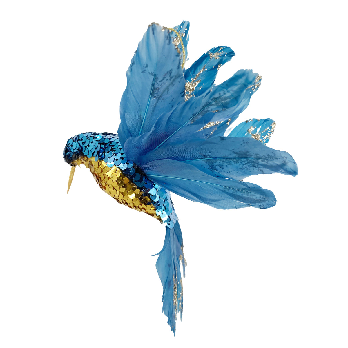 Blue and gold sequin hummingbird Christmas decoration with glitter-tipped blue feather wings and tail