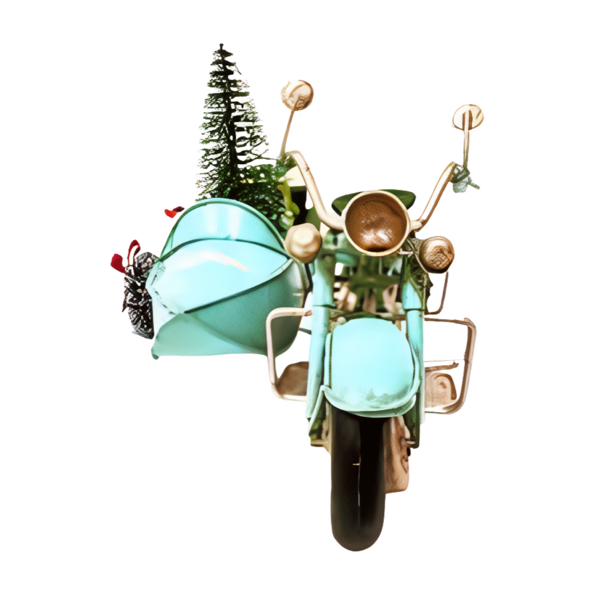 Front view blue motorbike Christmas decoration with a sidecar carrying a small Christmas tree, wrapped presents, and a wreath on the front