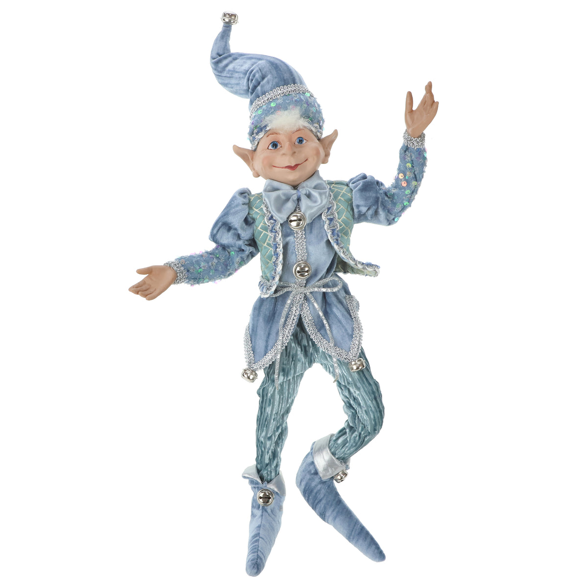 Poseable blue and silver elf figurine with sequin sleeves, satin bow, and jingle bells throughout costume
