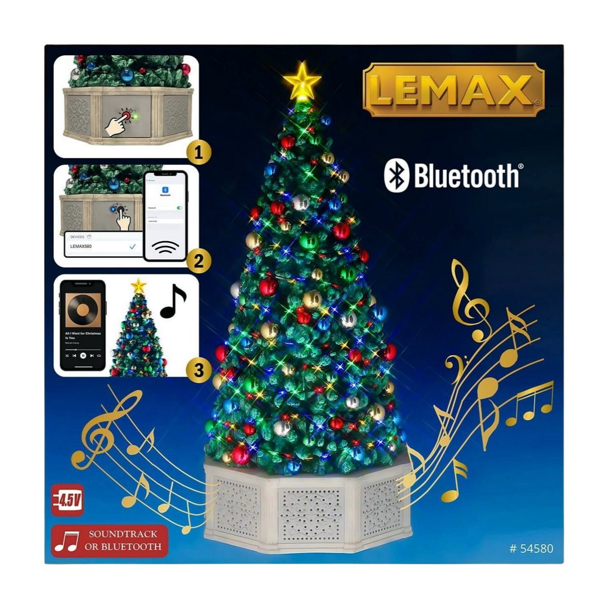 Lemax illuminated Christmas tree product packaging showing Bluetooth connectivity, multicoloured lights, baubles, and Bluetooth speaker feature