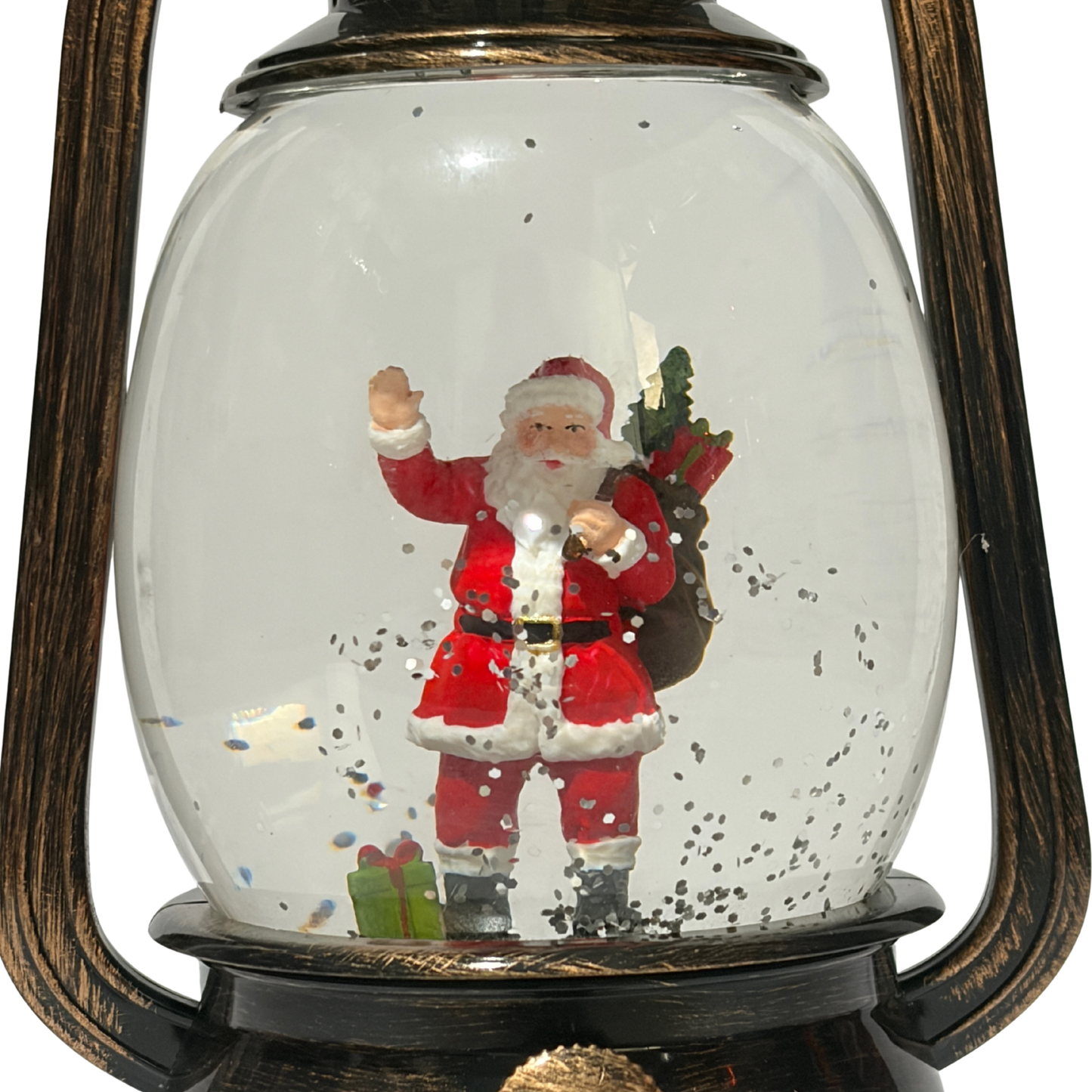 bronze Christmas lantern snow globe featuring Santa holding a Christmas tree and gifts with swirling glitter.