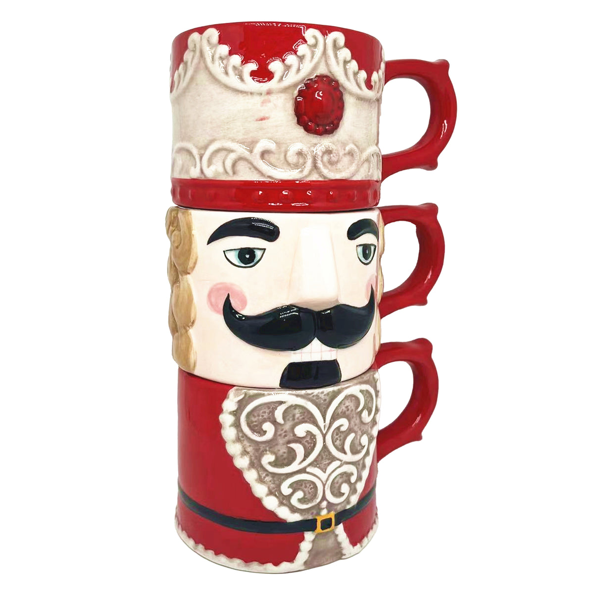 Set of three ceramic nutcracker stacking mugs forming a soldier from hat to body when stacked together
