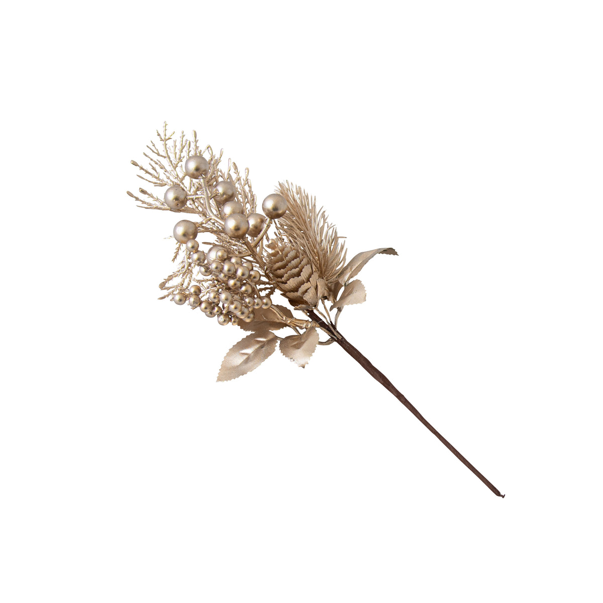 Small champagne gold Christmas pick with berry clusters, pine sprigs and mixed foliage on a wire stem
