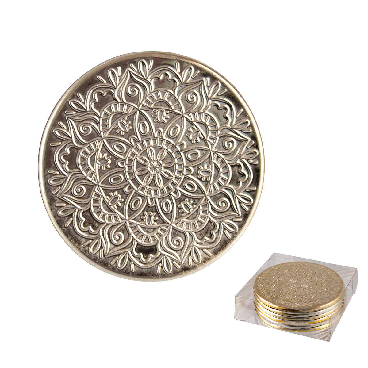 Set of six champagne embossed filigree coasters with intricate botanical and geometric relief pattern, in gift box