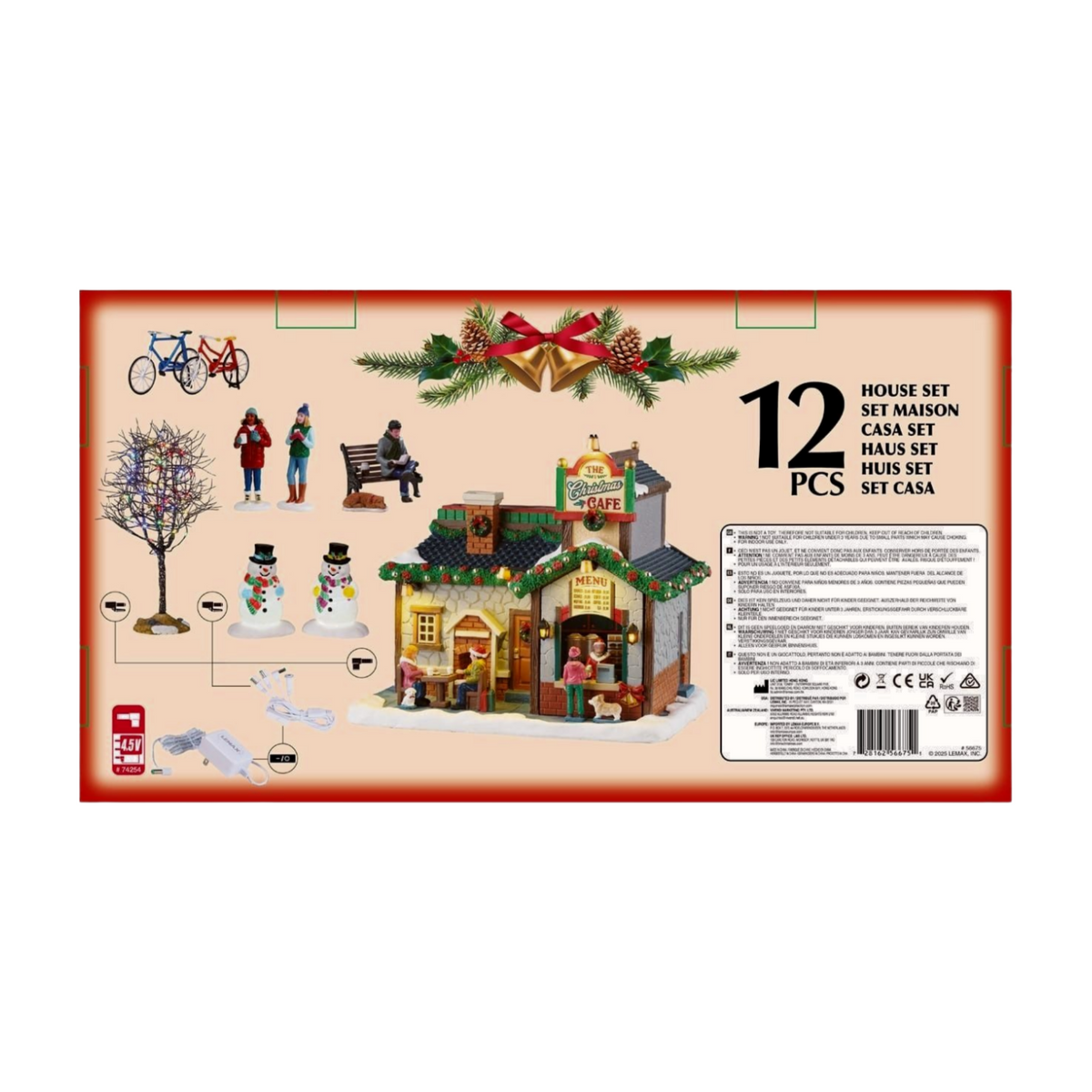Rear of Lemax 12-piece Christmas Cafe village set packaging with all included pieces: cafe, tree, snowmen, cyclists, figurines, and adaptor