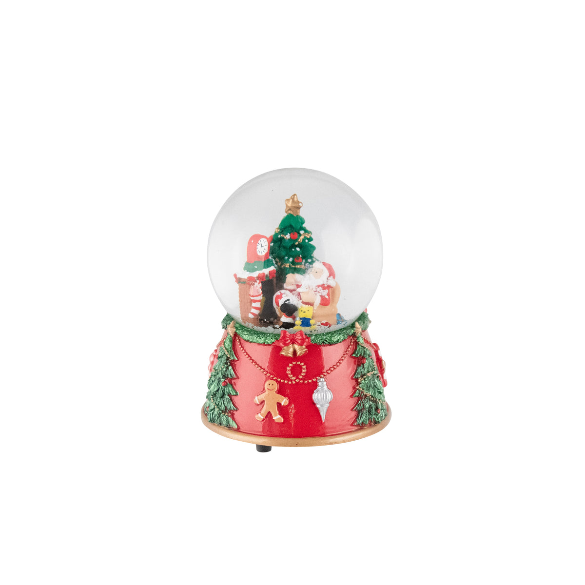 Christmas snow globe with Santa and fireplace scene inside, on a red base with trees, bells and gingerbread man