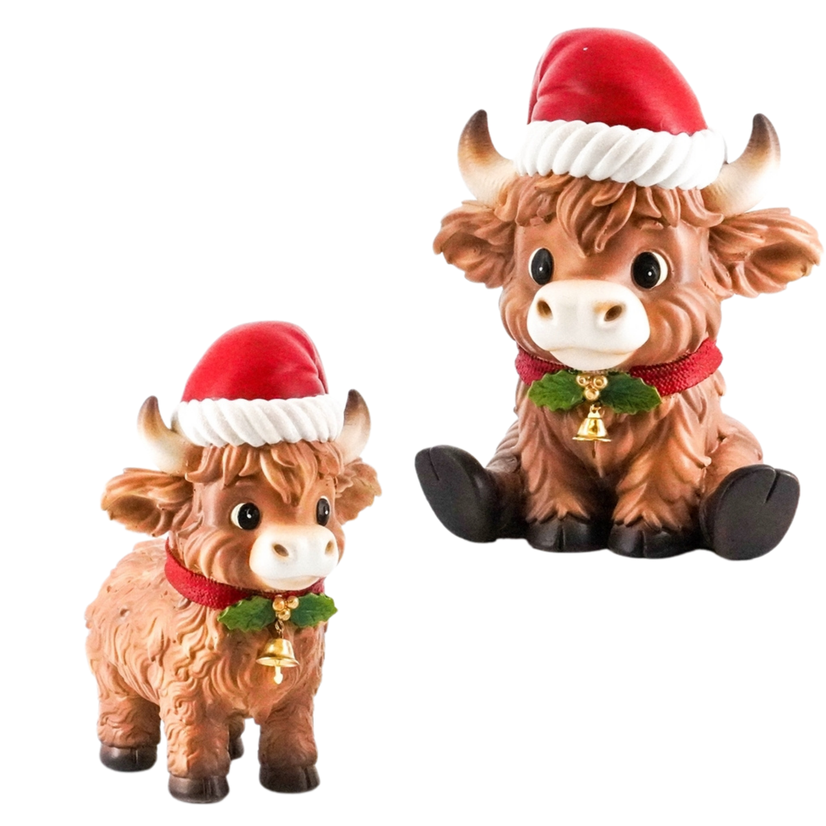 Two Christmas Highland cow figurines in Santa hats with holly and jingle bell collars — one standing, one sitting