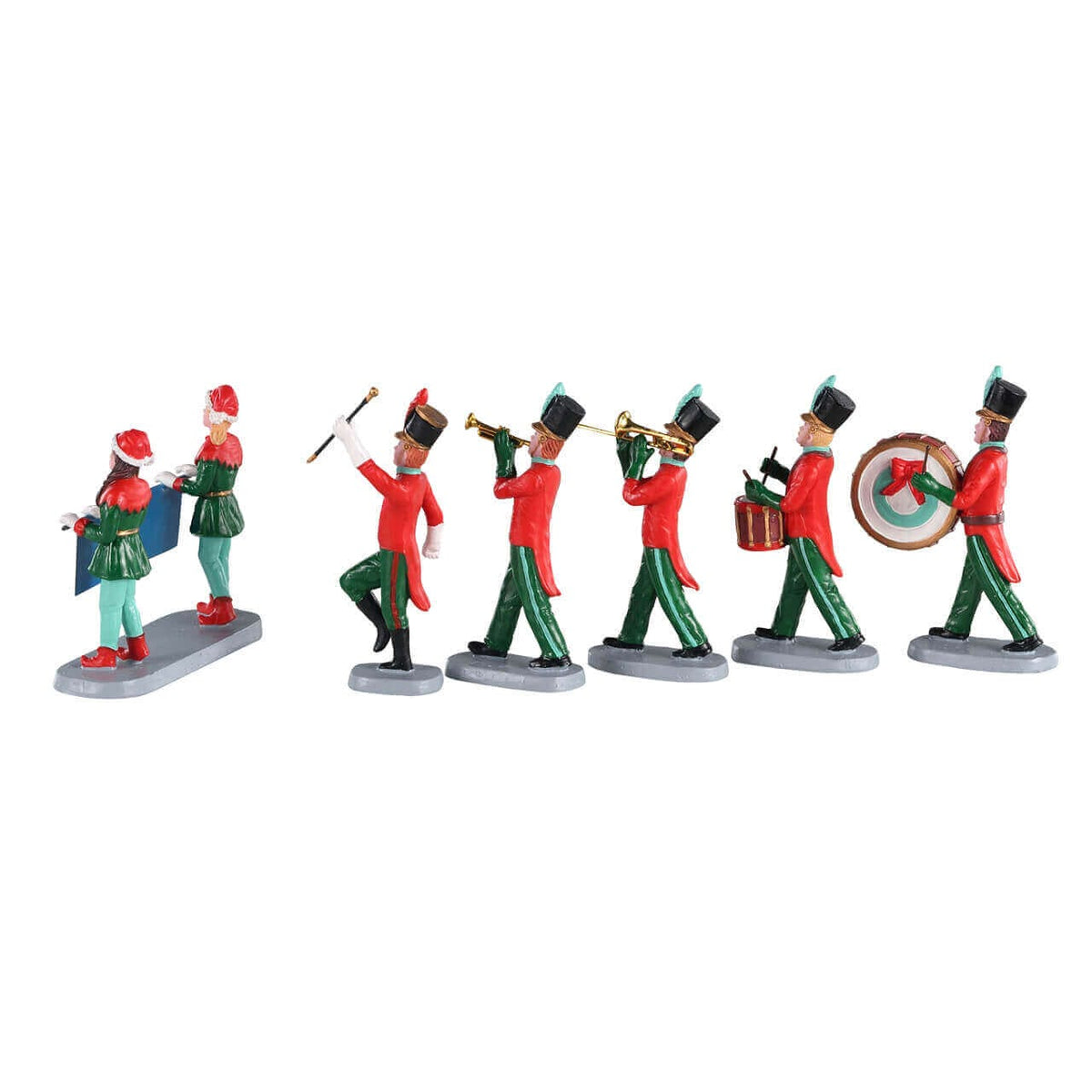 Full set of Lemax marching band figures with drums, brass instruments and Merry Christmas banner