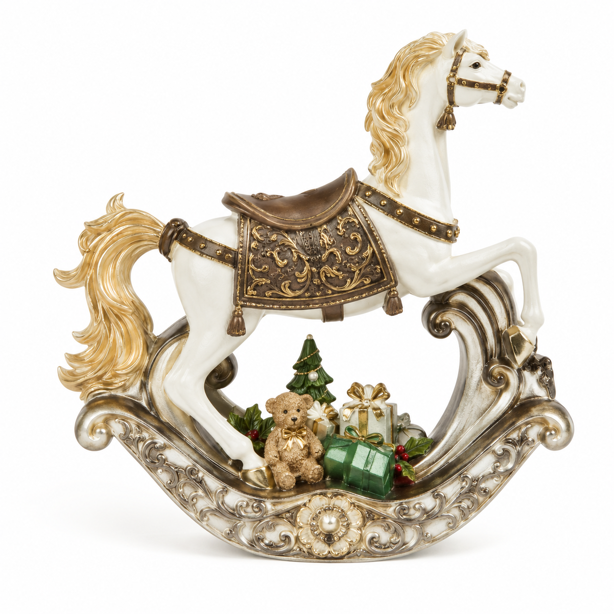 Christmas rocking horse figurine with gold scrollwork saddle, flowing mane and Christmas gifts and teddy bear beneath