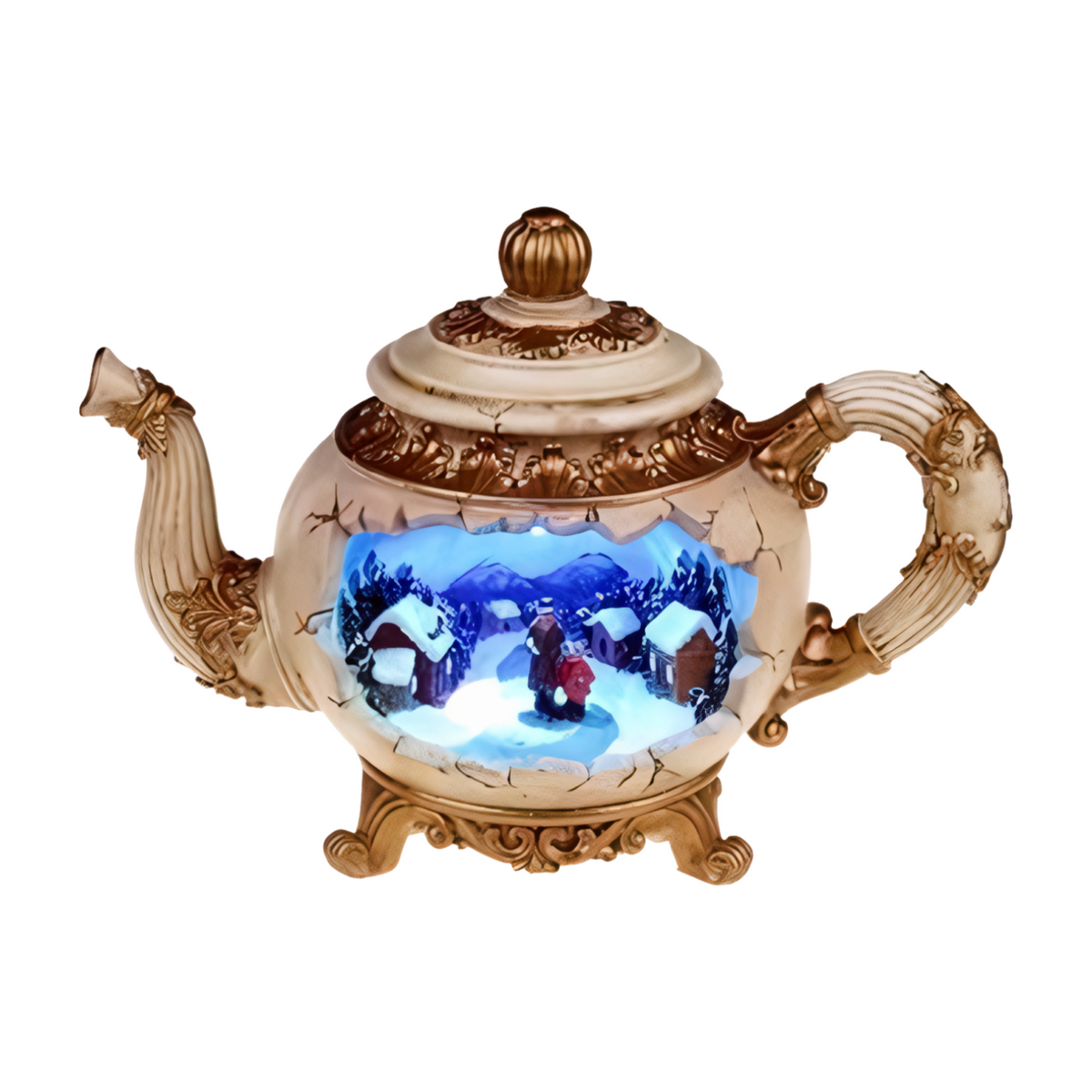 Gold decorative teapot with illuminated winter village scene featuring Santa and snow-covered cottages inside