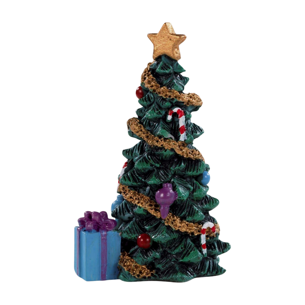 Lemax miniature decorated Christmas tree figurine with gold star topper, gold garland, coloured ornaments, and a wrapped gift