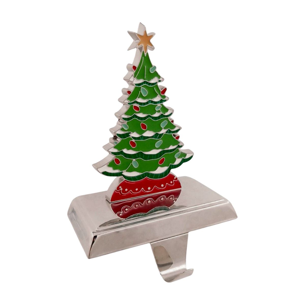 Silver Christmas stocking hanger with a green and red Christmas tree topped with a gold star