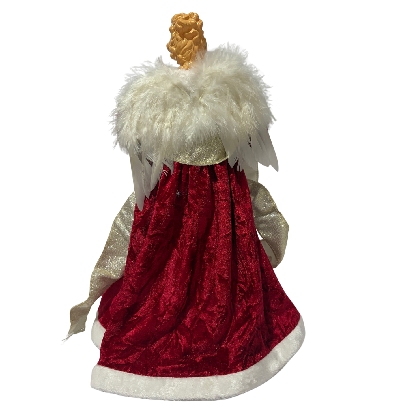Red and green angel tree topper with white faux fur trim, gold ribbon, and feathered wings
