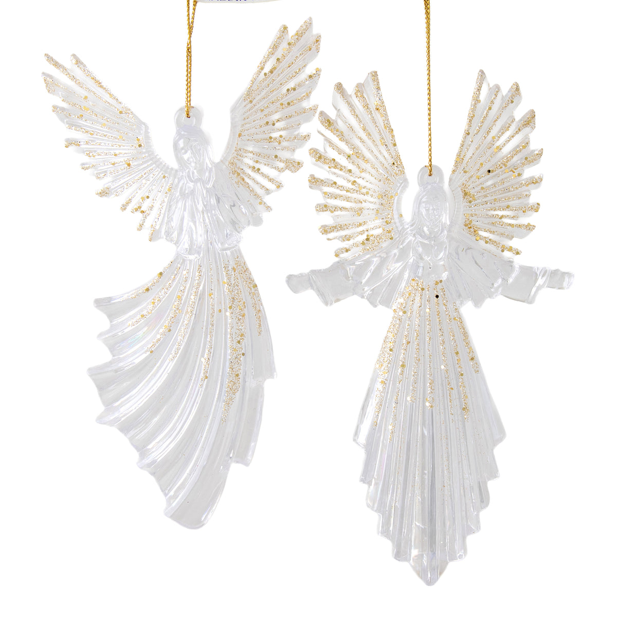 Clear acrylic angel Christmas tree decoration with gold glitter detail, wings spread and arms outstretched