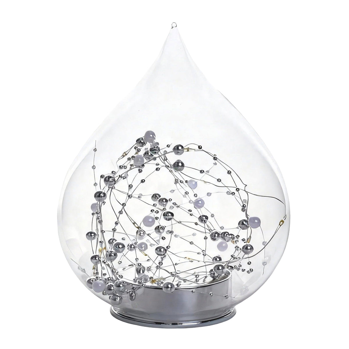 Clear glass teardrop decoration with pearl and silver bead wire swirl on chrome base