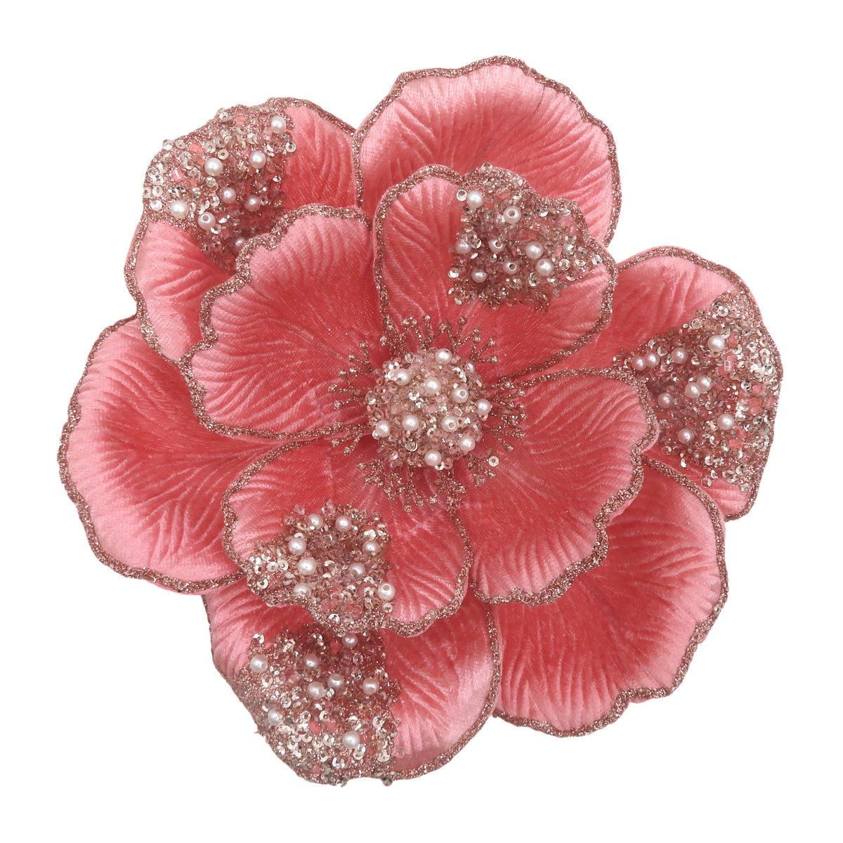 Coral pink beaded magnolia clip-on flower decoration with rose gold glitter petal edges and pearl and sequin bead detail