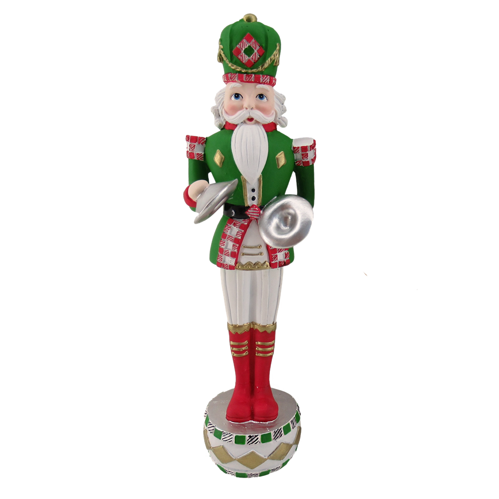 Green and red tartan nutcracker soldier playing cymbals on a drum base hanging Christmas ornament
