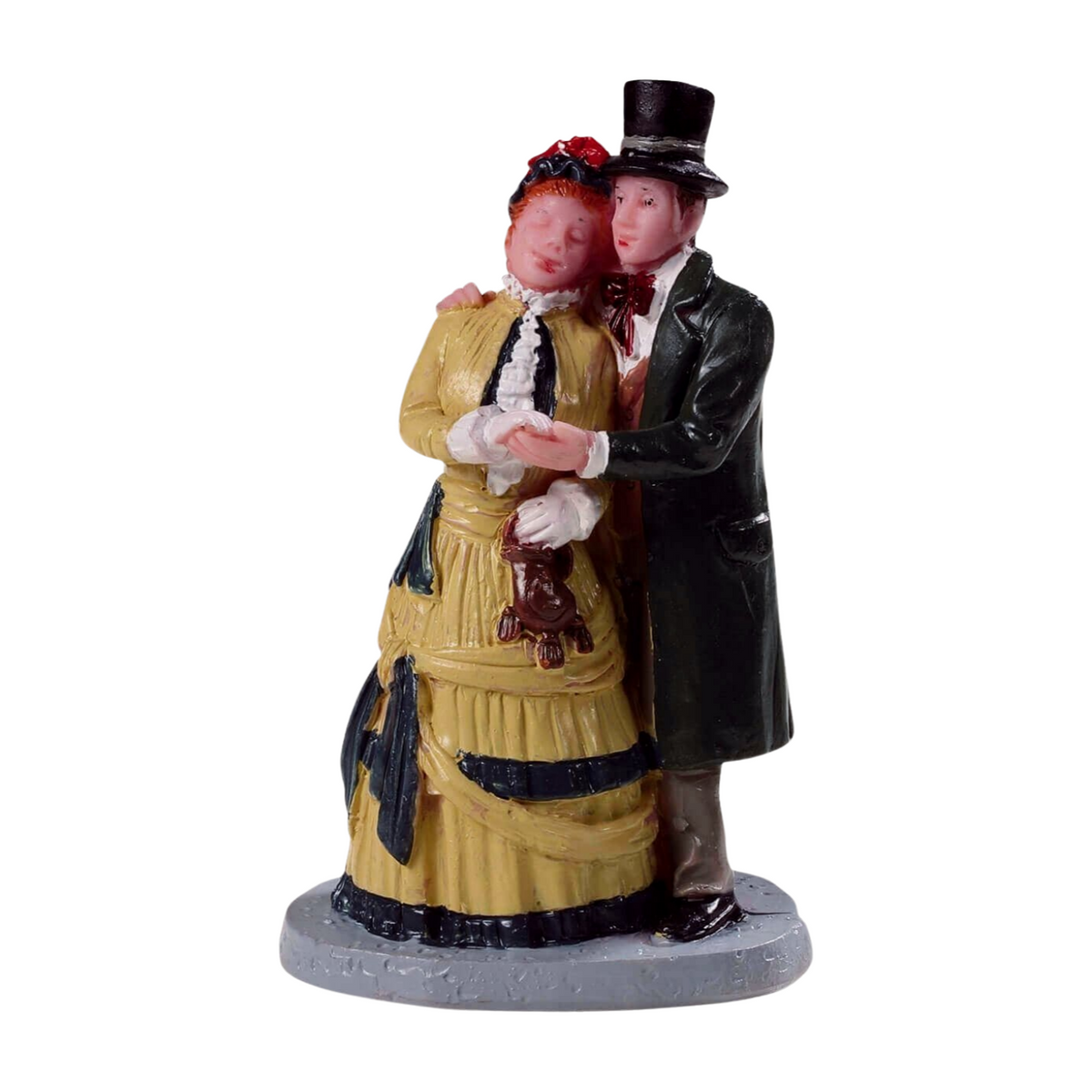 Lemax Victorian couple figurine — woman in gold dress embracing a man in a black top hat and dark coat