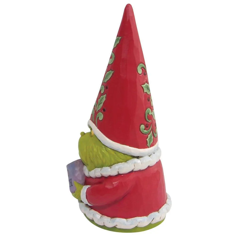 Right side view of a Grinch gnome figurine in a tall red holly-detailed hat with white fur-trimmed robe