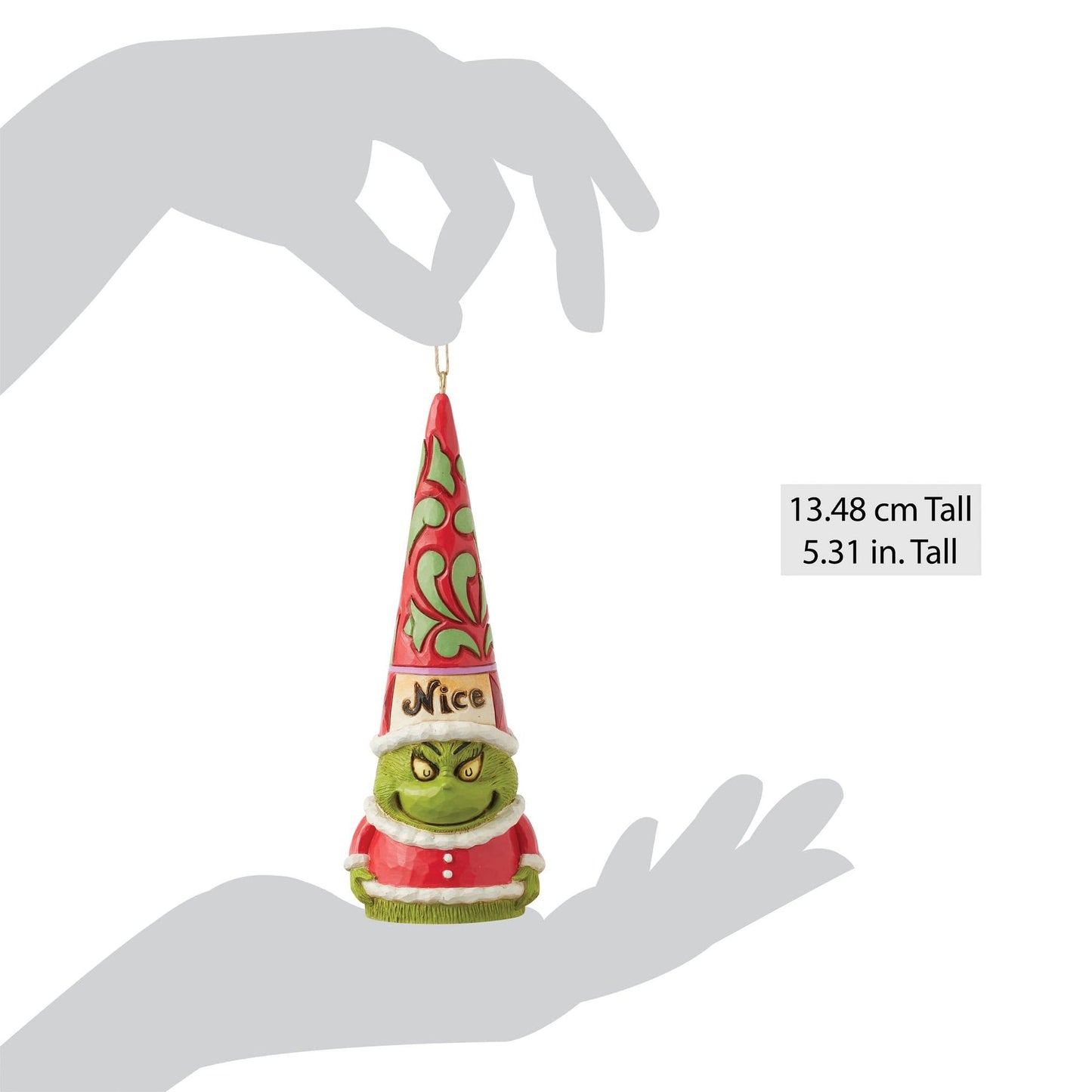 Grinch gnome ornament shown between two silhouetted hands with size dimensions 13.48 cm / 5.31 inches tall