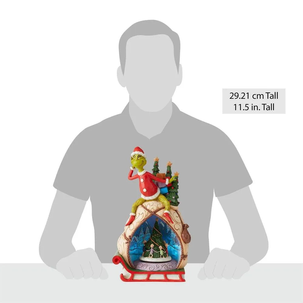 Grinch sleigh figurine shown against human silhouette for size reference, standing 29.21cm (11.5in) tall