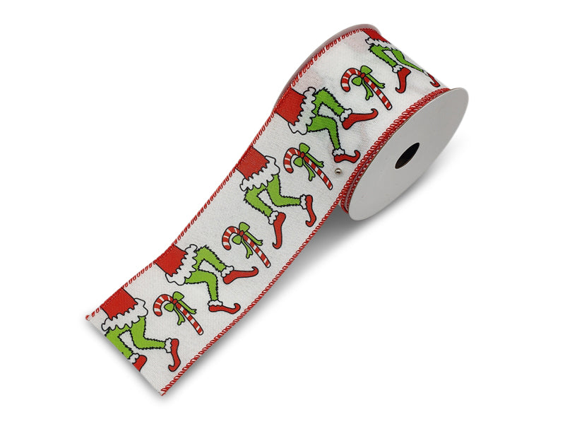 Christmas ribbon with green elf legs, red shoes, and candy canes on a white background with red edges.