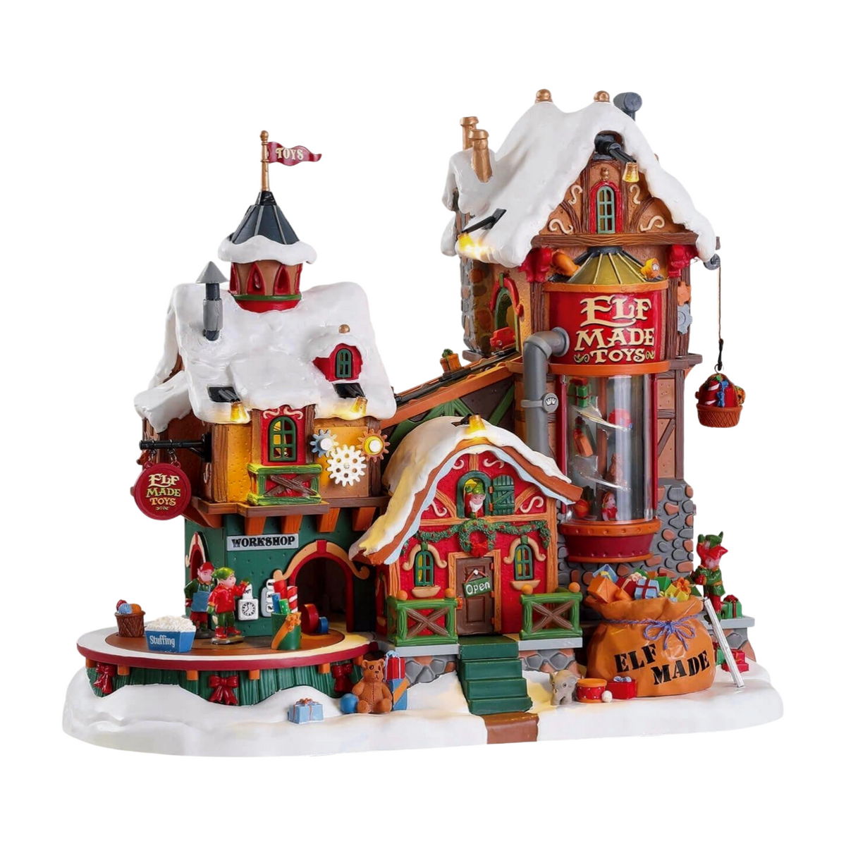 Lemax Elf Made Toys village building with workshop, lit silo tower, elf figures, toy sack, and snow-covered rooftops