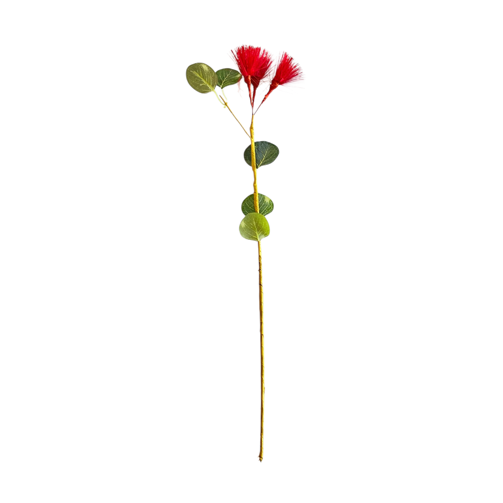 Faux Pohutukawa stem with red flower heads and green leaves on a single stem, 55cm tall