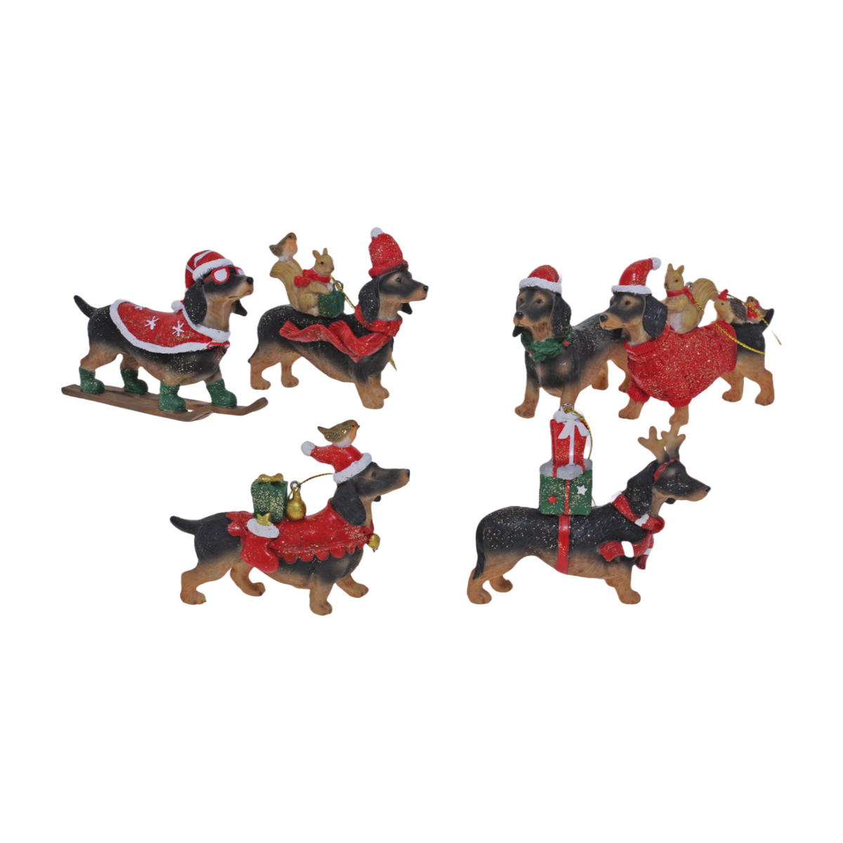 Side view festive dachshund Christmas figurines wearing Santa hats and holiday outfits, including sleighs and presents