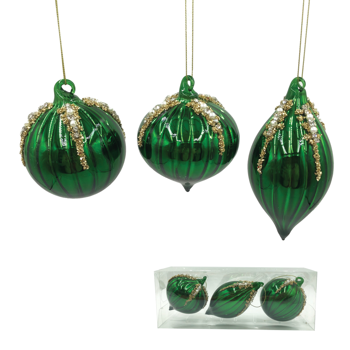 Set of three glass ornaments with green floral decoration and glitter stripes in ball, onion and drop shapes
