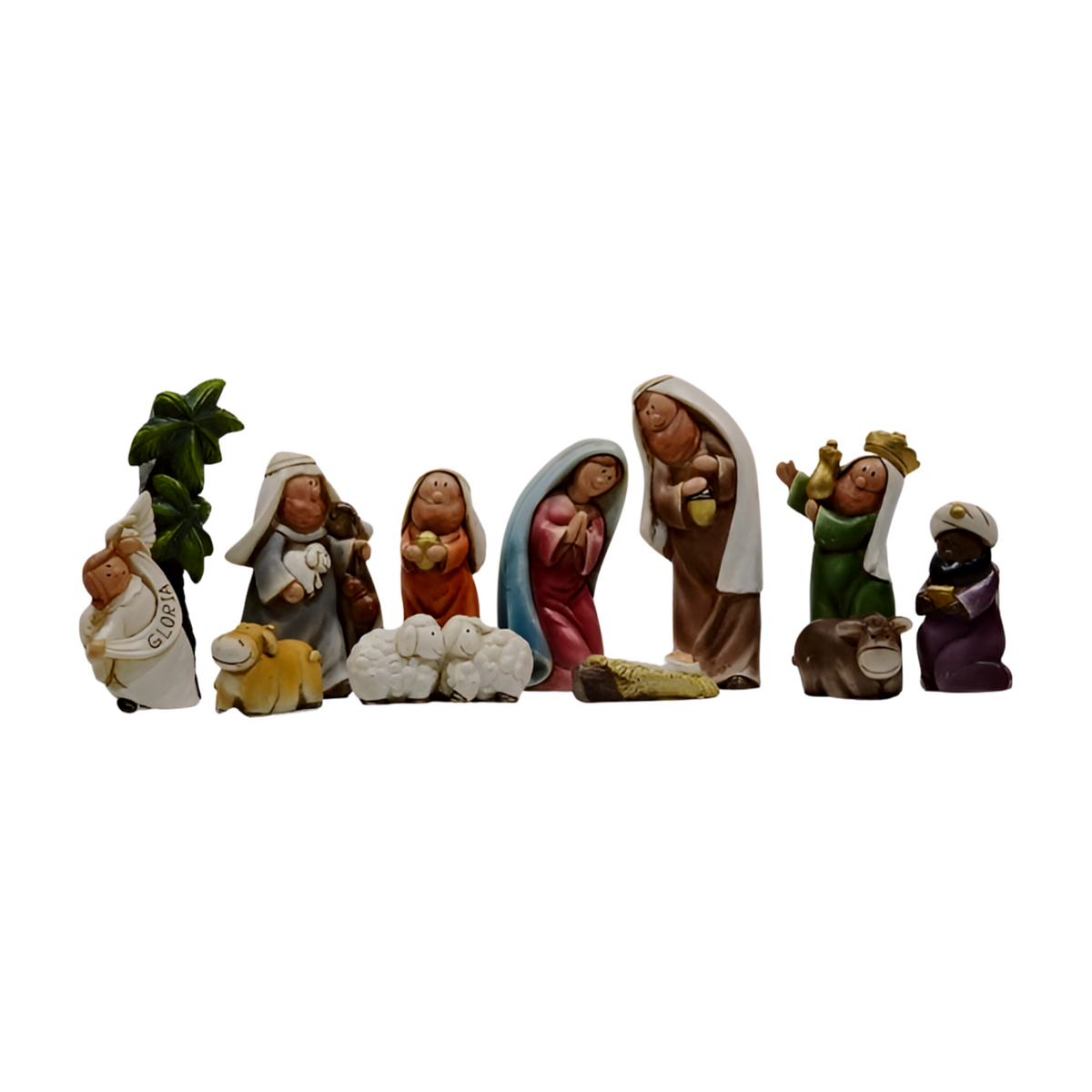 12.5 inch folding nativity scene with stone-effect Bethlehem building opening to reveal hand-painted figurines inside