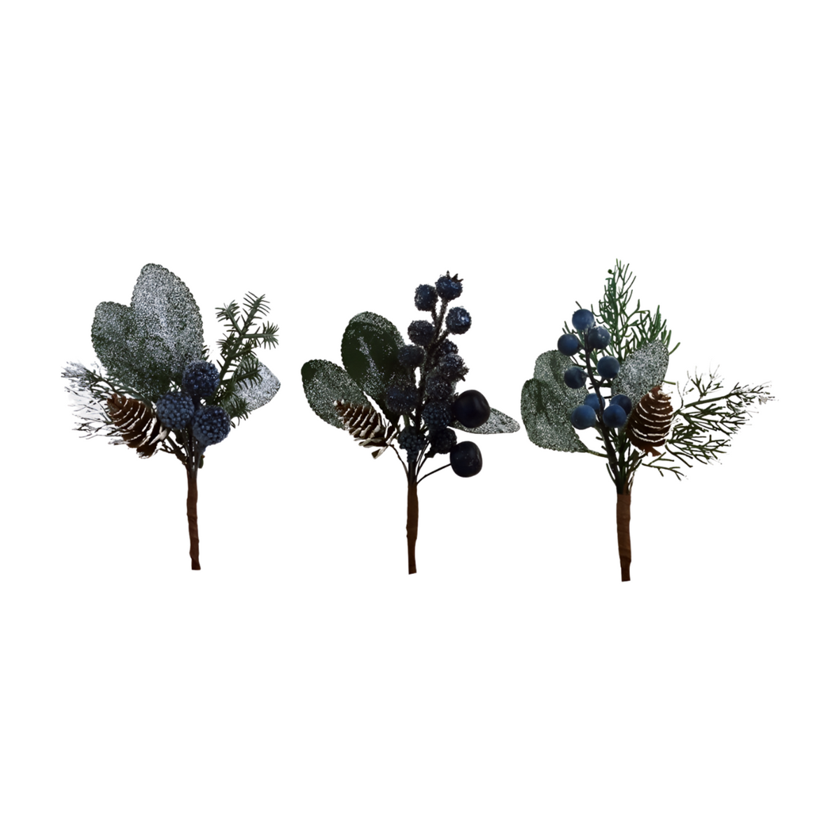 Three frosted blueberry Christmas picks with varied foliage including eucalyptus, cedar, and pine sprigs