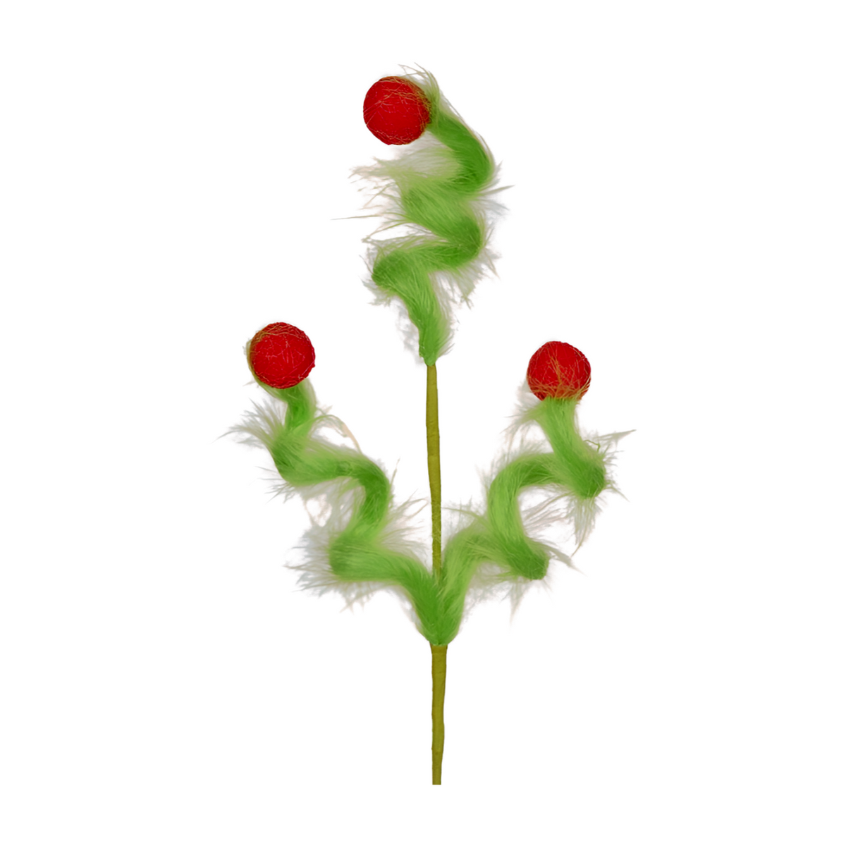 Fuzzy green curly pick with three red balls on flexible stems