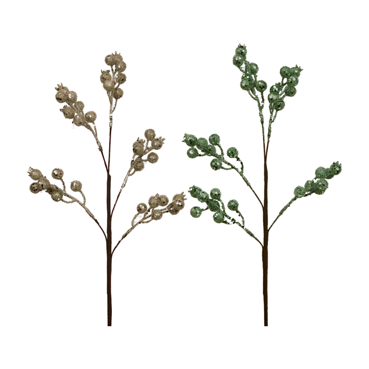 Champagne and green glitter berry picks with small textured berry clusters on branching stems