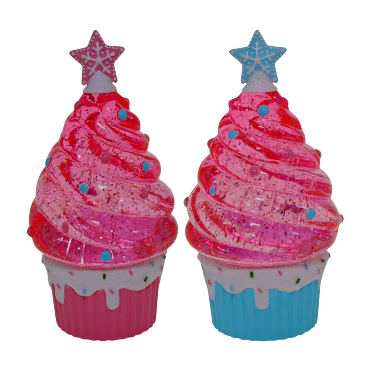 Pink and blue glitter cupcake Christmas tree decorations displayed side by side with star toppers