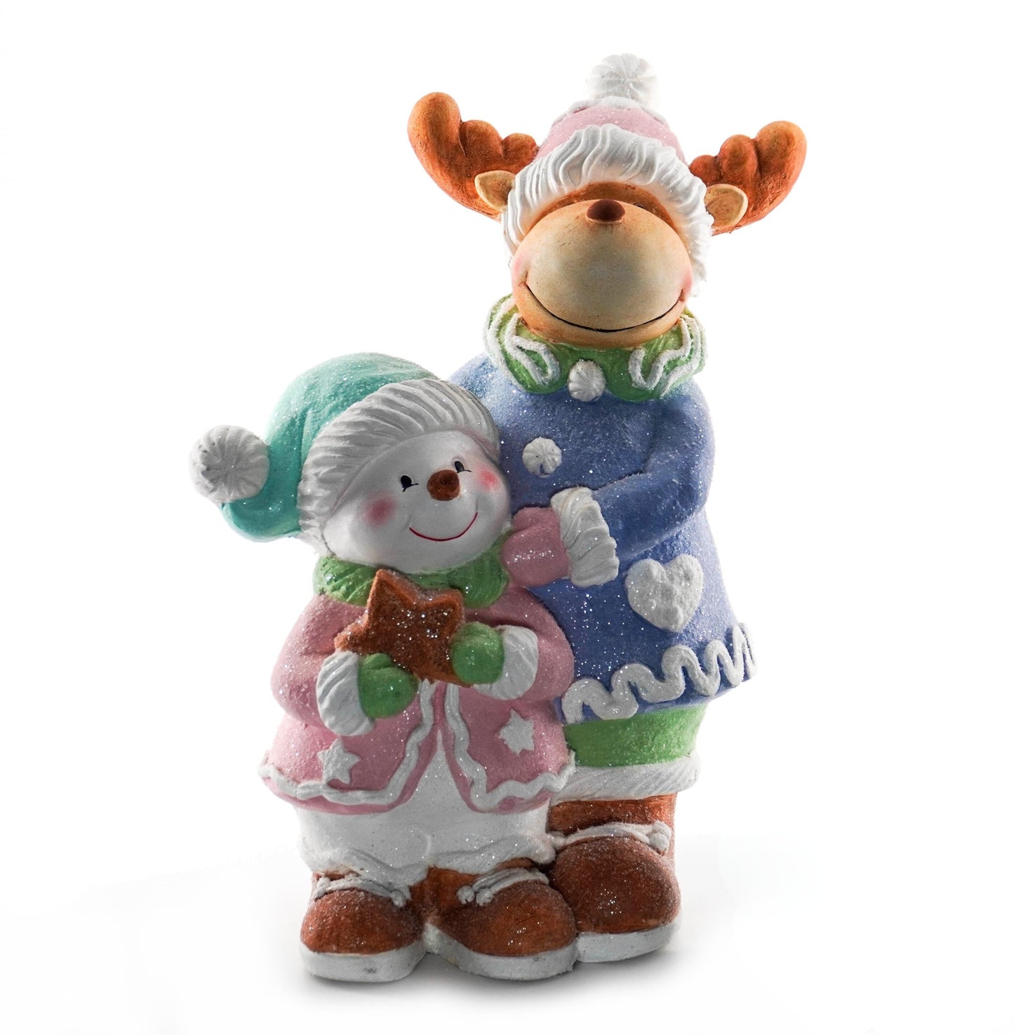 Reindeer and snowman Christmas figurine in winter clothing holding a star