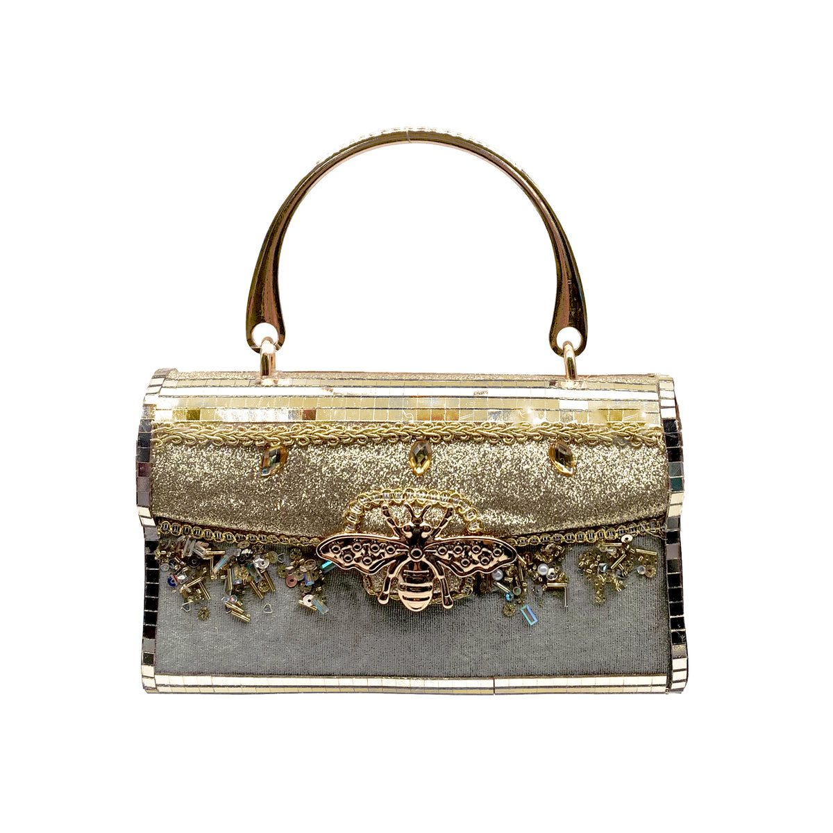 Gold glitter handbag decoration with bee centrepiece, mirror tile panels, rope braid and beaded fringe trim