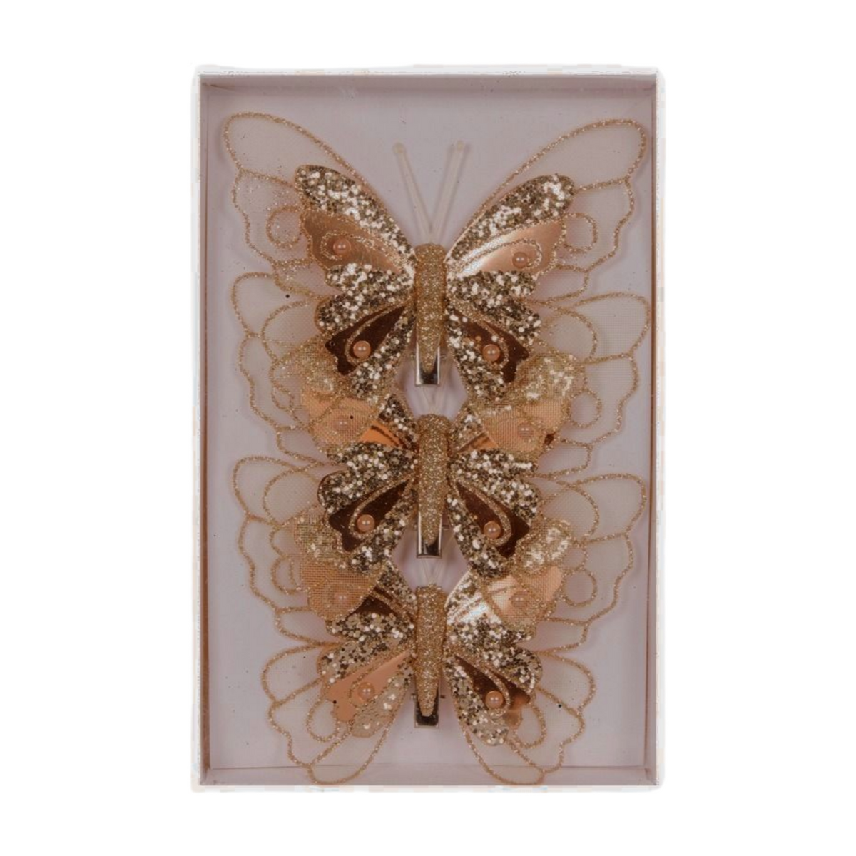 Set of three gold glitter butterfly decorations with translucent wings and clip attachments in a gift box