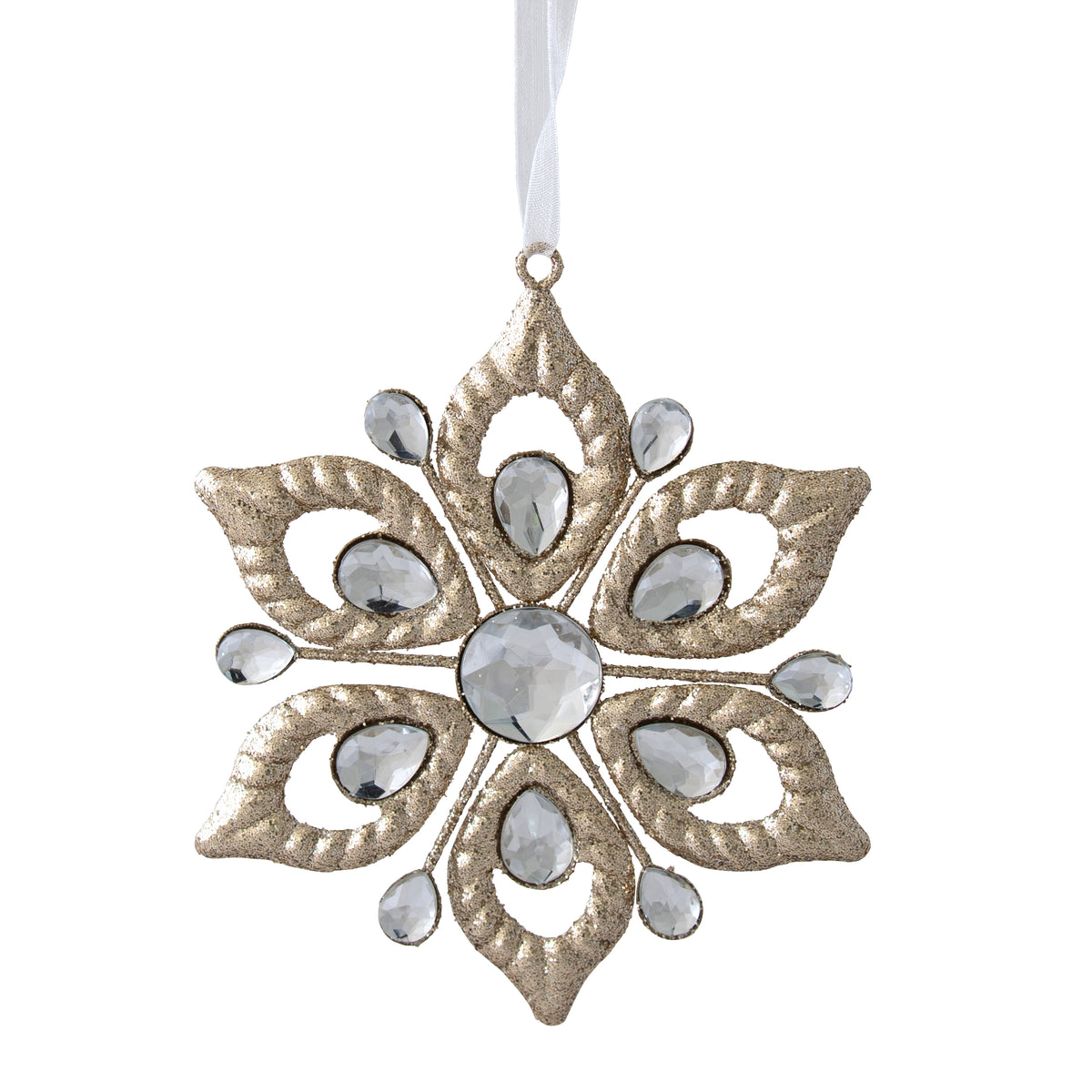 Gold glitter snowflake hanging ornament with faceted crystal gems and large round centrepiece stone