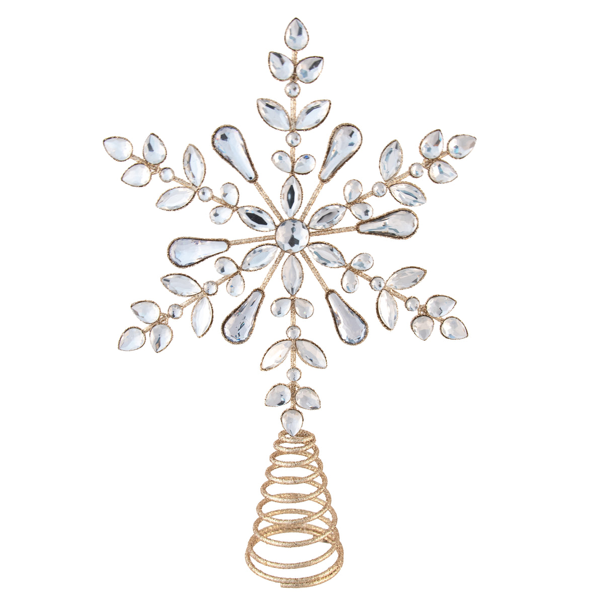 Gold glitter jewelled snowflake tree topper with faceted crystal gems in teardrop and marquise cuts and coil base