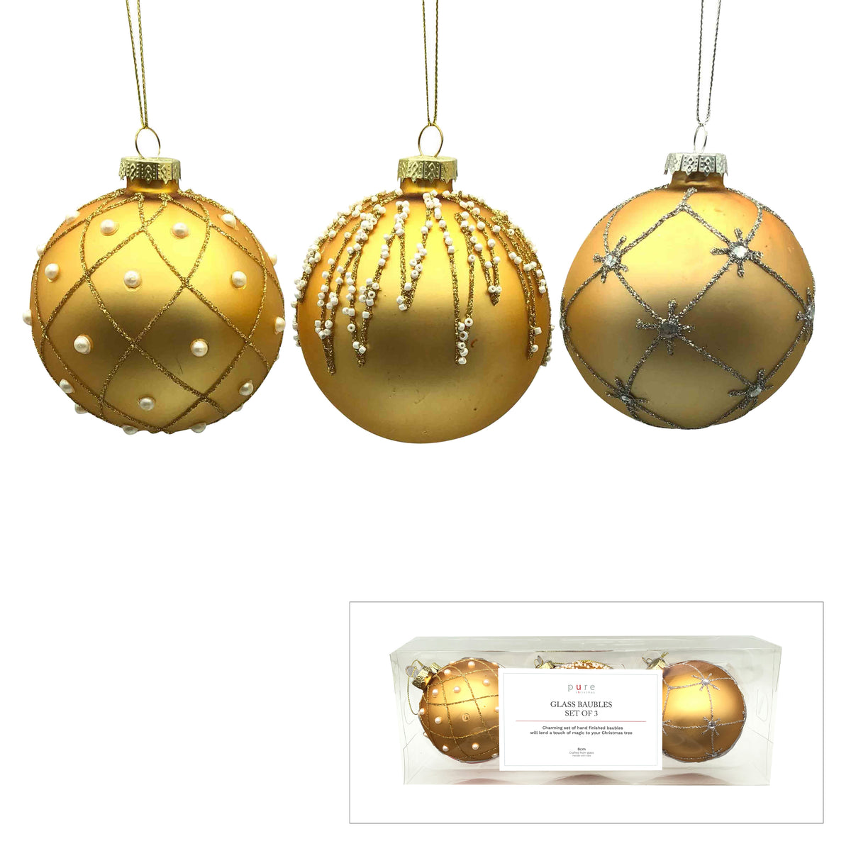Set of three gold hand-finished glass baubles with pearl, glitter drip and snowflake decoration, in gift box