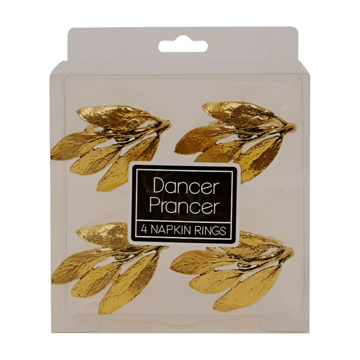 Set of four gold leaf cluster napkin rings with textured hammered finish and layered botanical detail - package